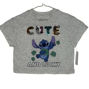 Disney Stitch Cute and Lucky Gray Cropped Girls St Patrick's Day T-Shirt XS NEW!